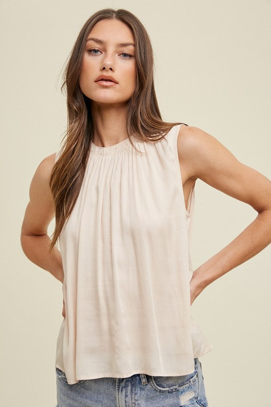 SHELL RUCHED NECK SLEEVELESS BLOUSE