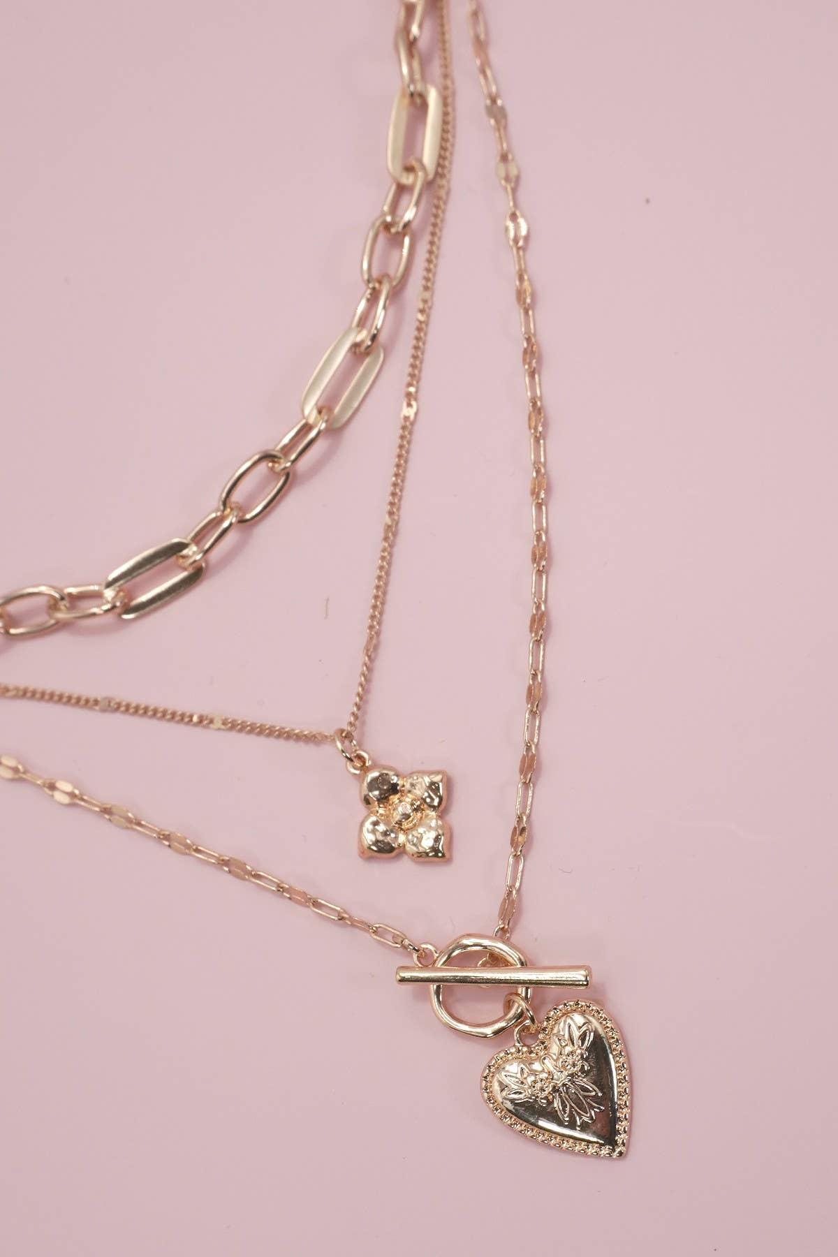 FLOWER  HEART TOGGLE MULTI LAYERED NECKLACE