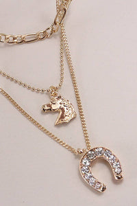 TRIO LAYERED HORSE CHARM HORSE SHOE NECKLACE