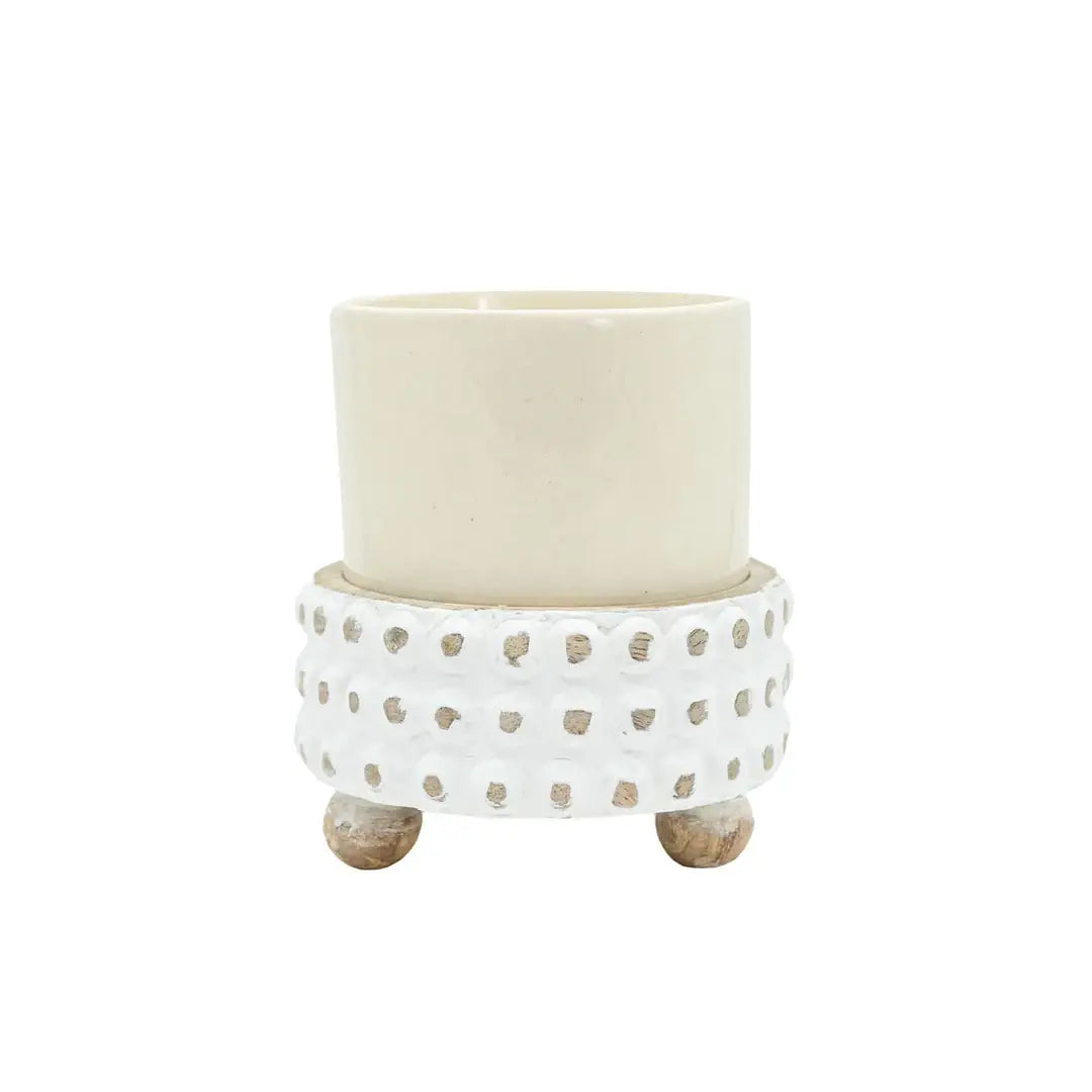 Gigi Ceramic Planter With Whitewahed Wood Bead Plant Stand