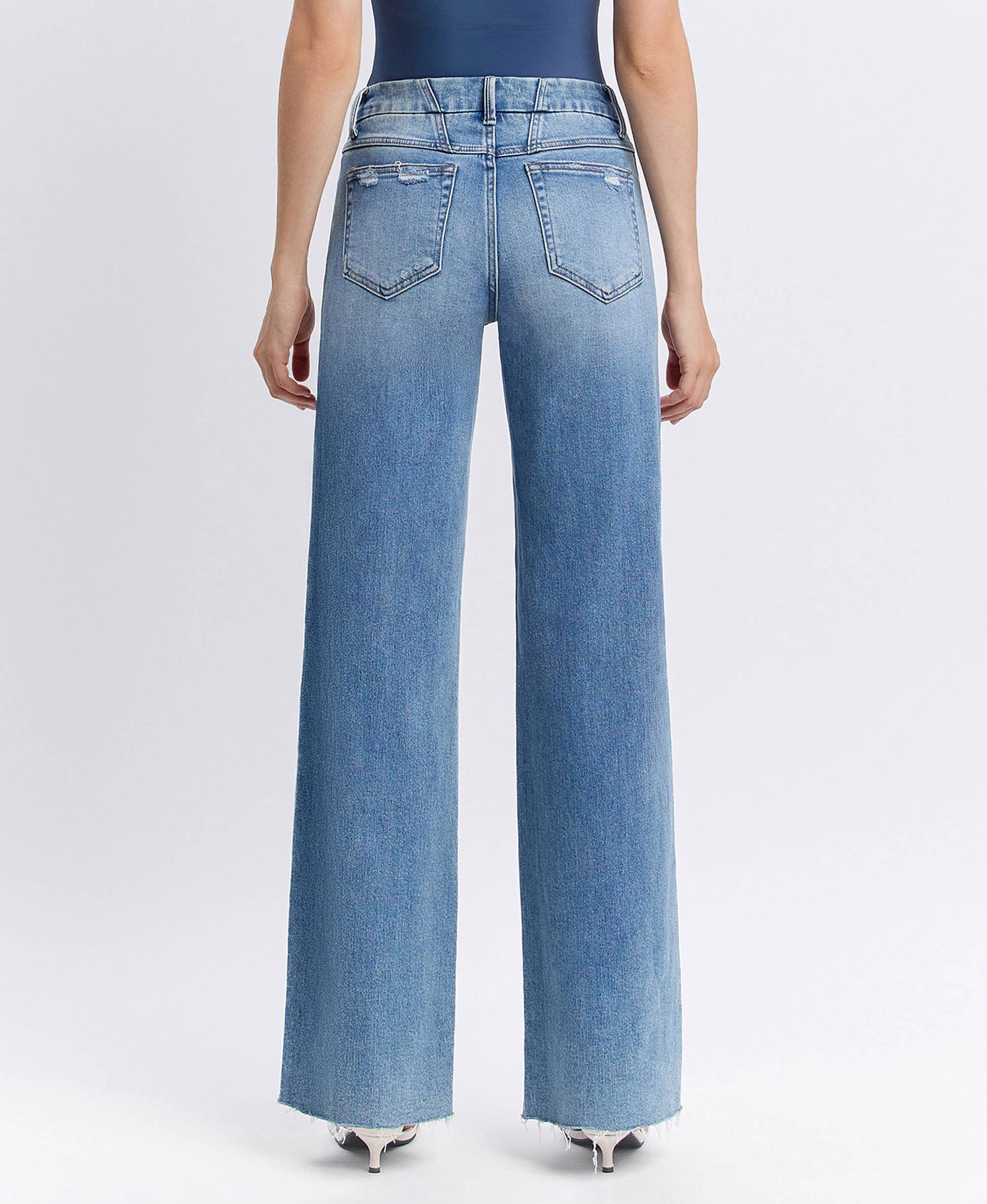VOUCHSAFE MID RISE CLEAN CUT RAW HEM WIDE JEANS