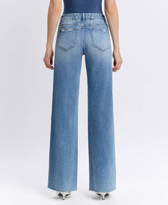 VOUCHSAFE MID RISE CLEAN CUT RAW HEM WIDE JEANS