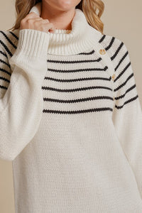 CREAM & BLACK TURTLE NECK STRIPE SWEATER DRESS