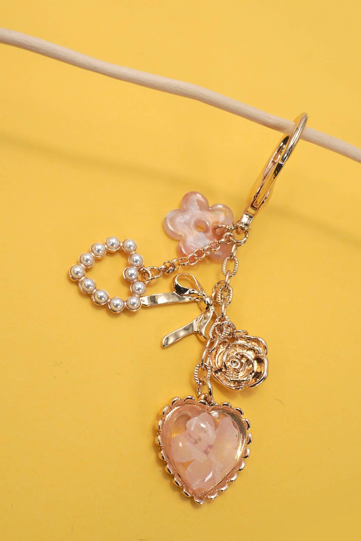 BAG CHARM- PRESSED FLOWER BOW PEARL HEART CHARMS