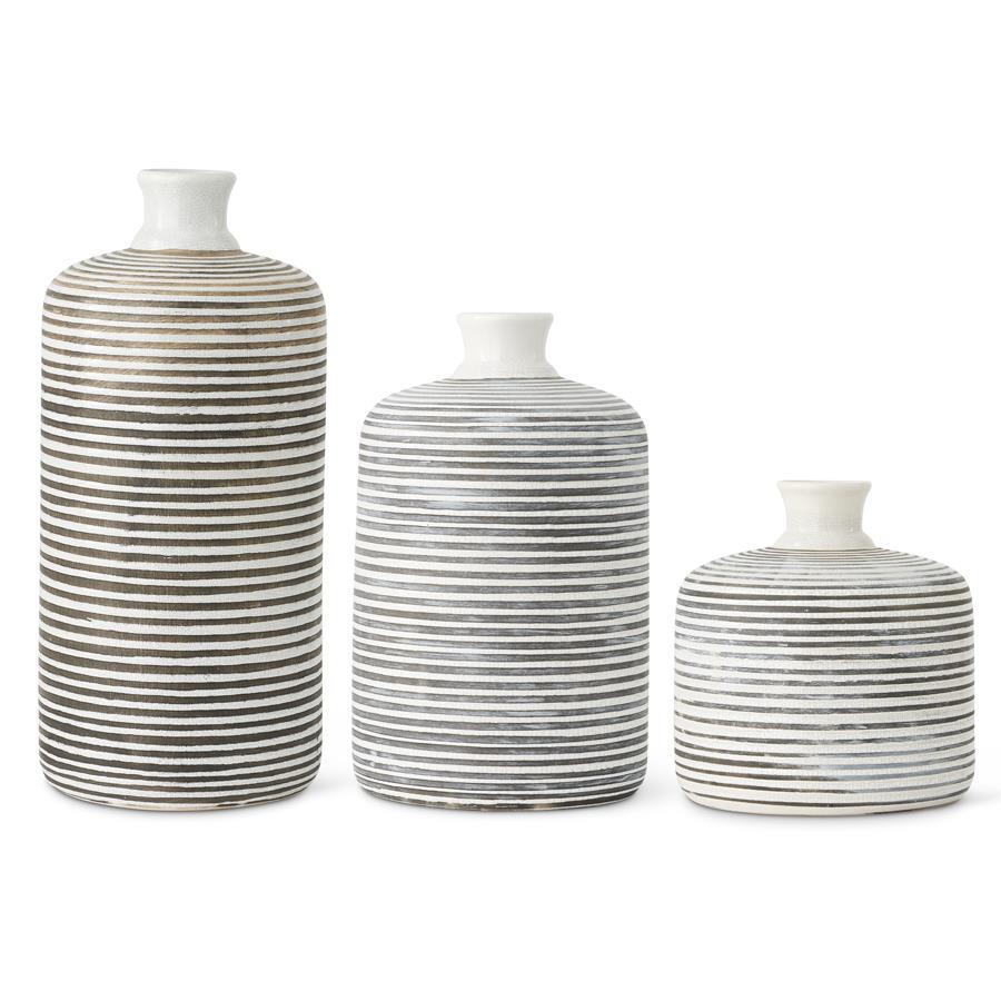 Large White Crackle & Gray Striped Ceramic Vases