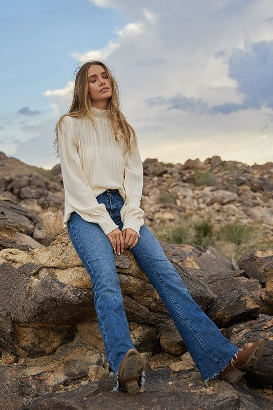 Ivory Smoked Mock Neck Velvet Ribbed Top