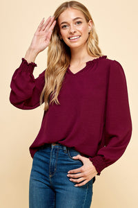 Burgundy Ruffled V-Neck