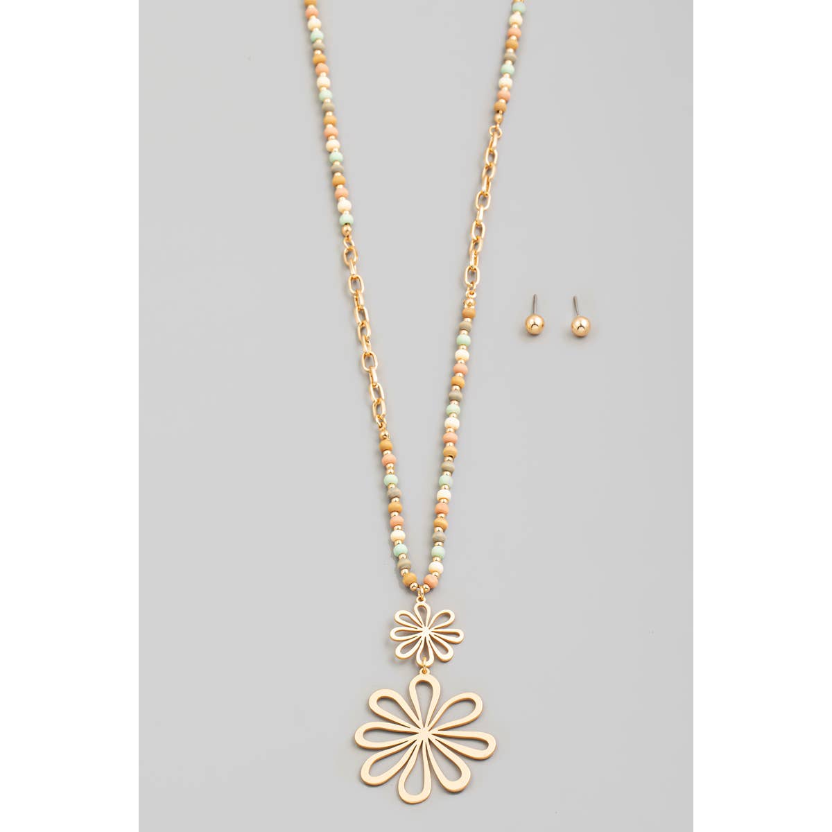 Double Metallic Flower Pendant Long Beaded Chain Necklace