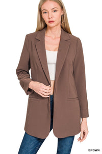Brown Woven Long Sleeve Open Front Classic Blazer