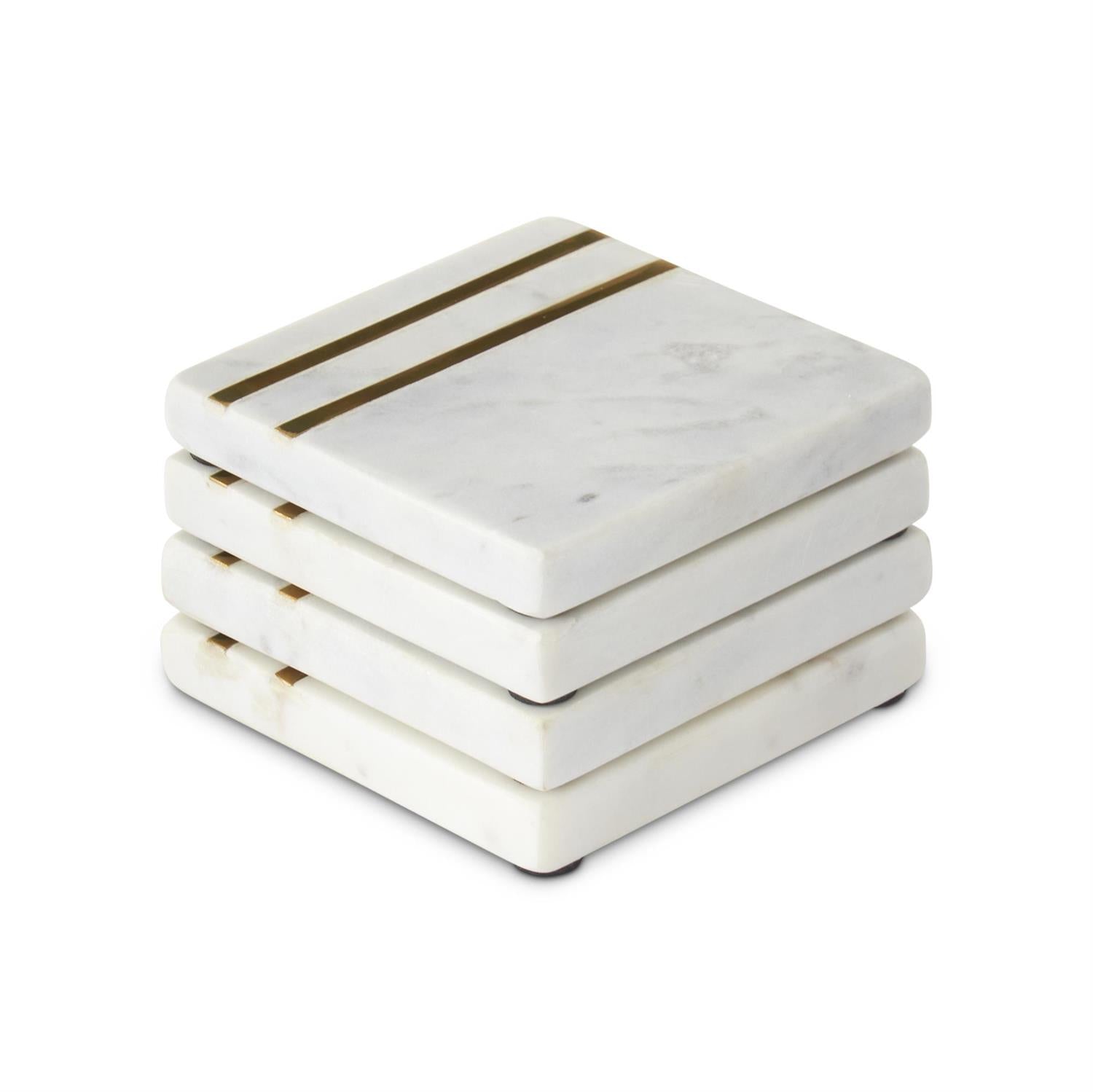 4 Inch Gold Striped White Marble Square Coaster