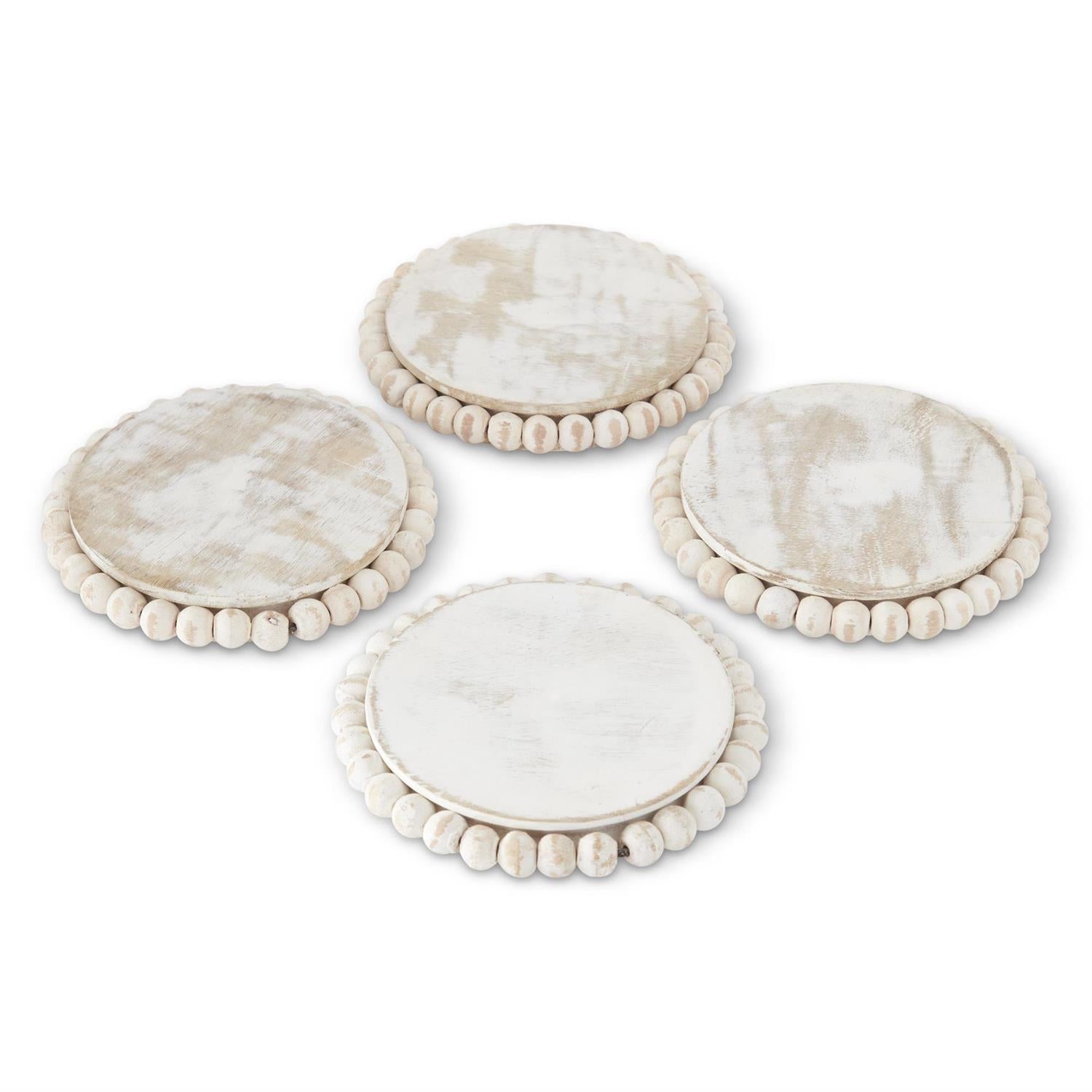 4 Inch Whitewashed Wood Bead Trimmed Coaster