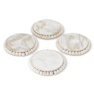 4 Inch Whitewashed Wood Bead Trimmed Coaster