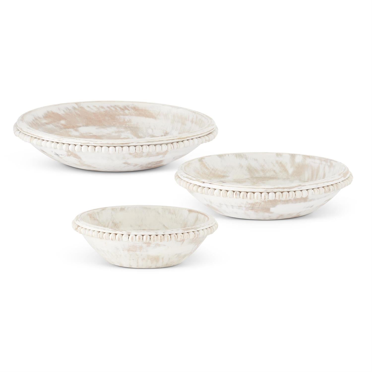 Whitewashed Wood Bead Trimmed Bowls