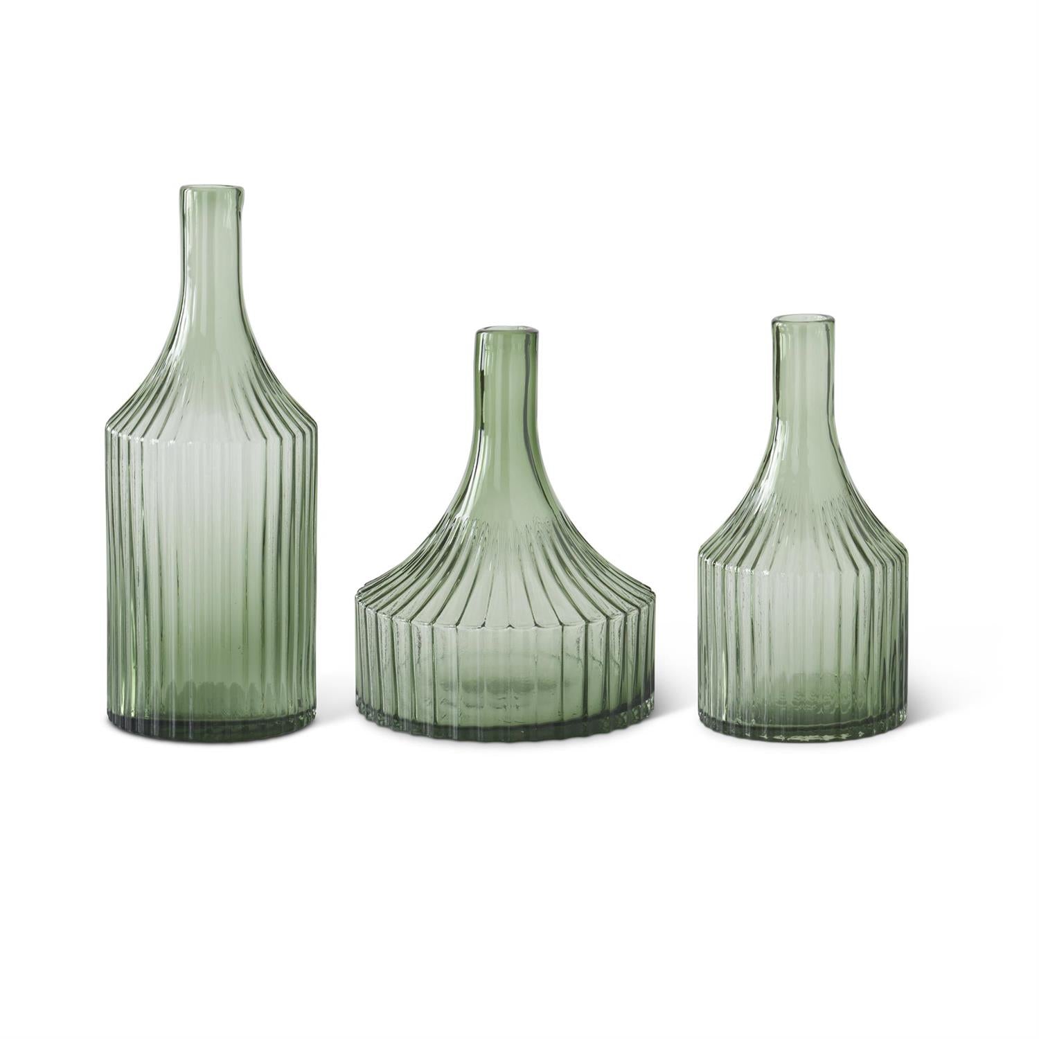 Transparent Ribbed Green Glass Vases