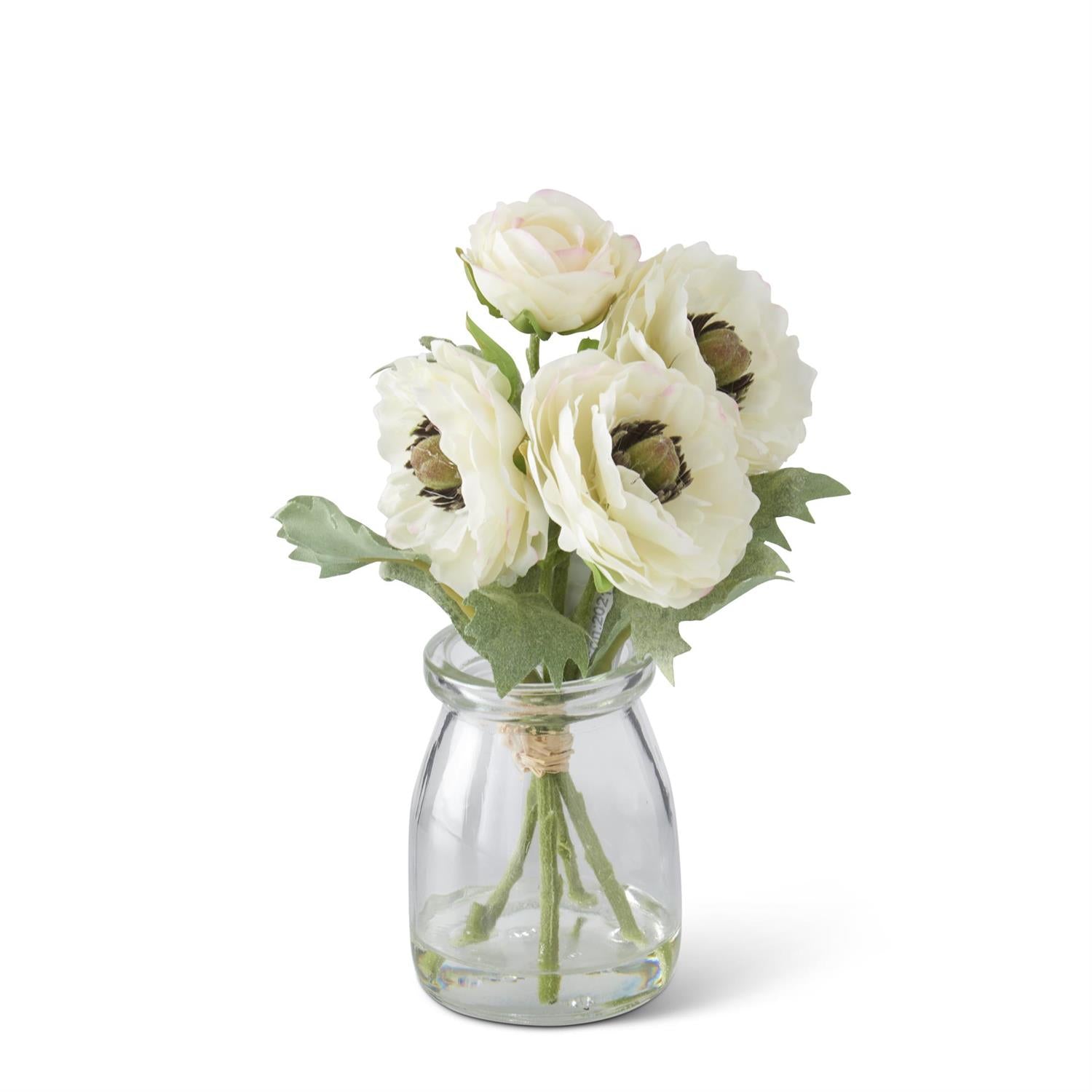 6.75 Inch White Ranunculus Bouquet in Glass Vase