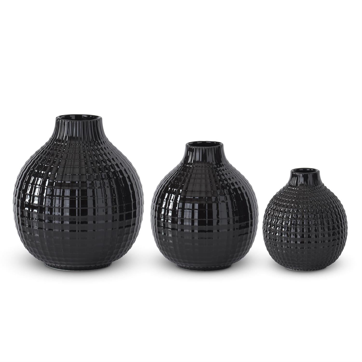 Glossy Black Ceramic Grid Vase