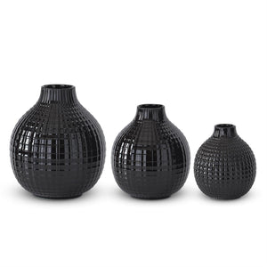 Glossy Black Ceramic Grid Vase