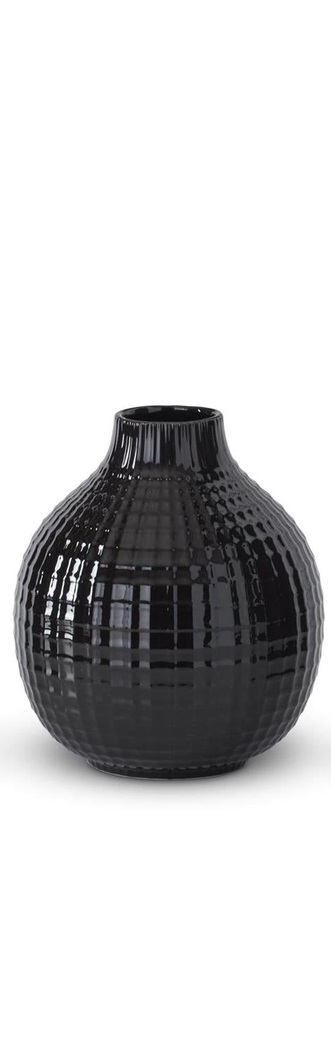 Glossy Black Ceramic Grid Vase