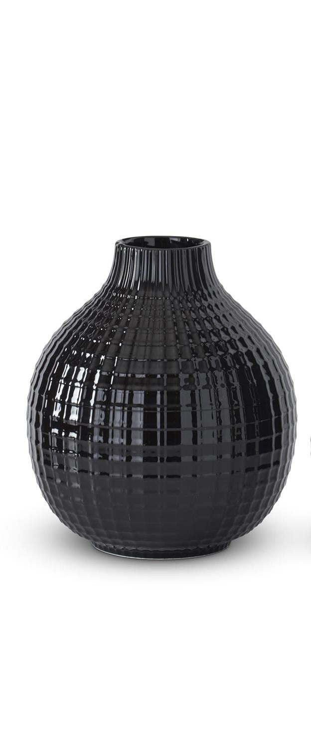 Glossy Black Ceramic Grid Vase