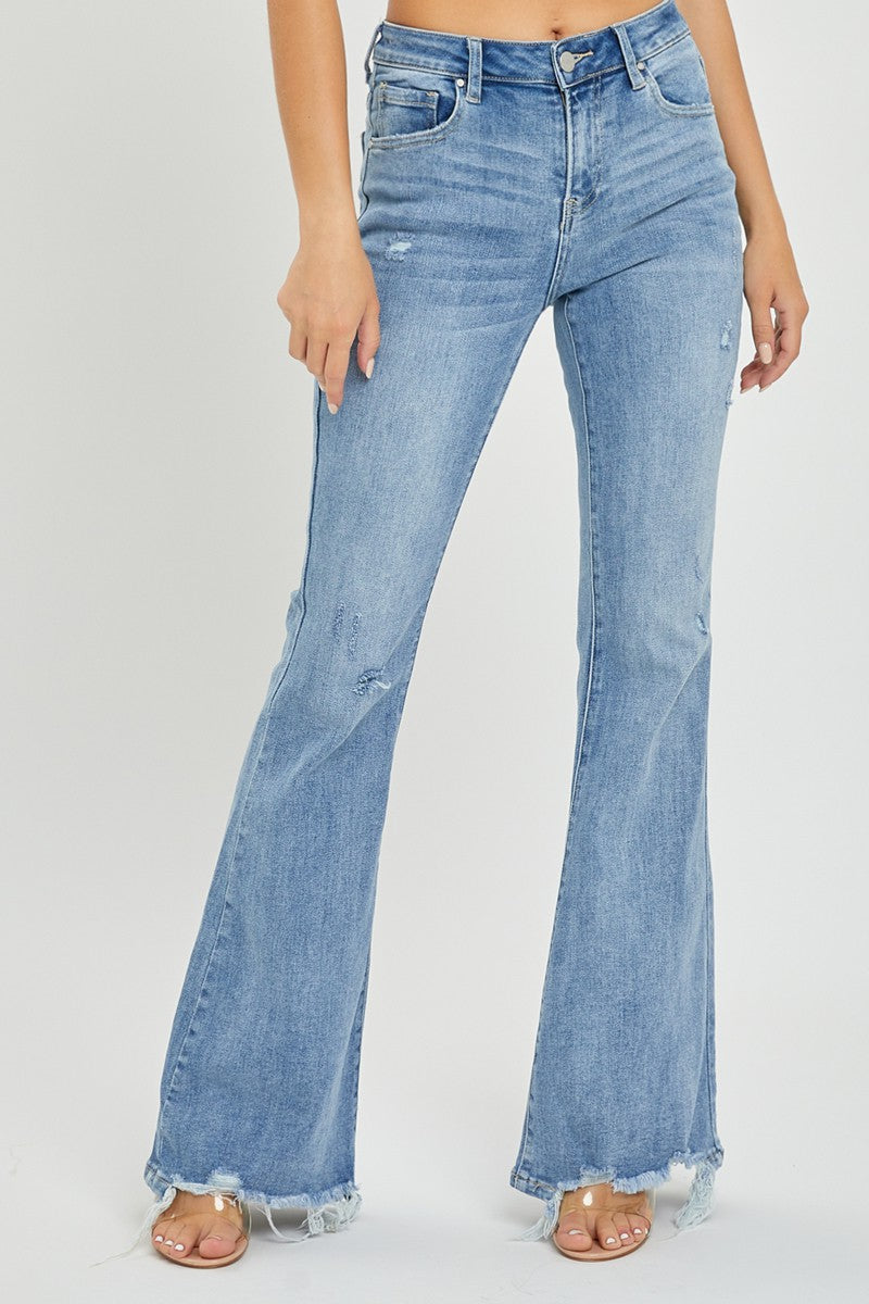 LIGHT HIGH RISE DISTRESSED FLARE JEANS