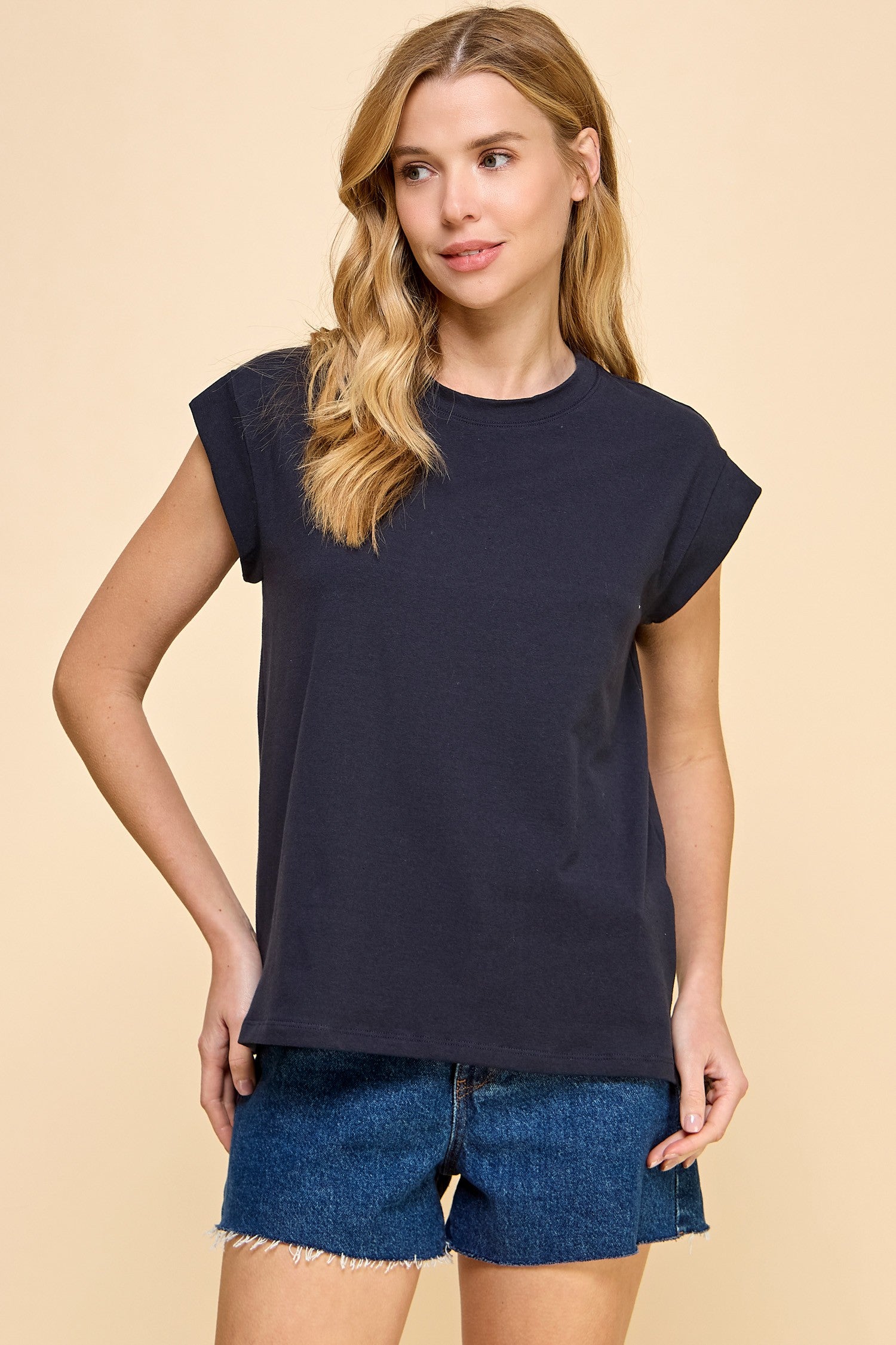 Navy Short Sleeve Solid Top