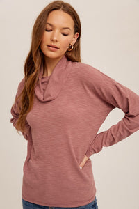 GRAPE BACK CUTOUT COWL NECK RIB PULLOVER