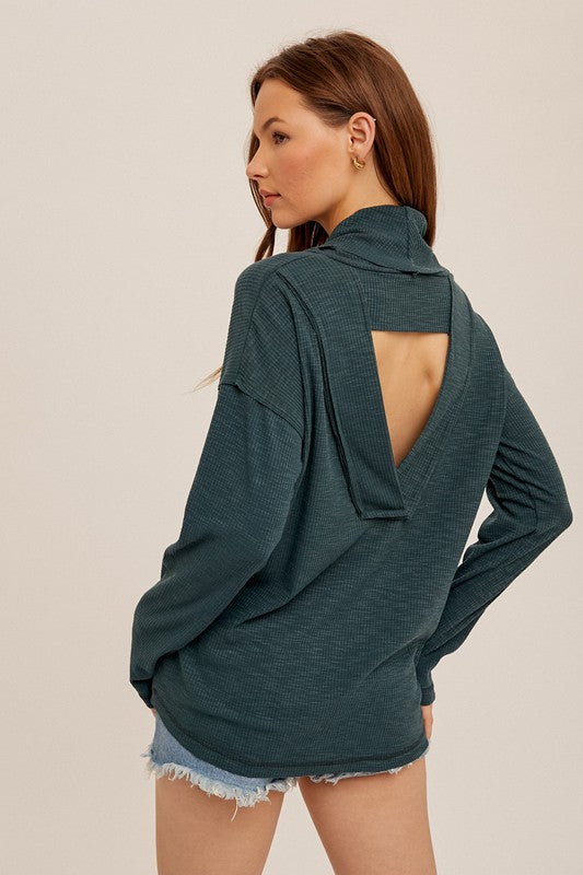 FOREST GREEN BACK CUTOUT COWL NECK RIB PULLOVER