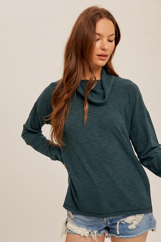 FOREST GREEN BACK CUTOUT COWL NECK RIB PULLOVER