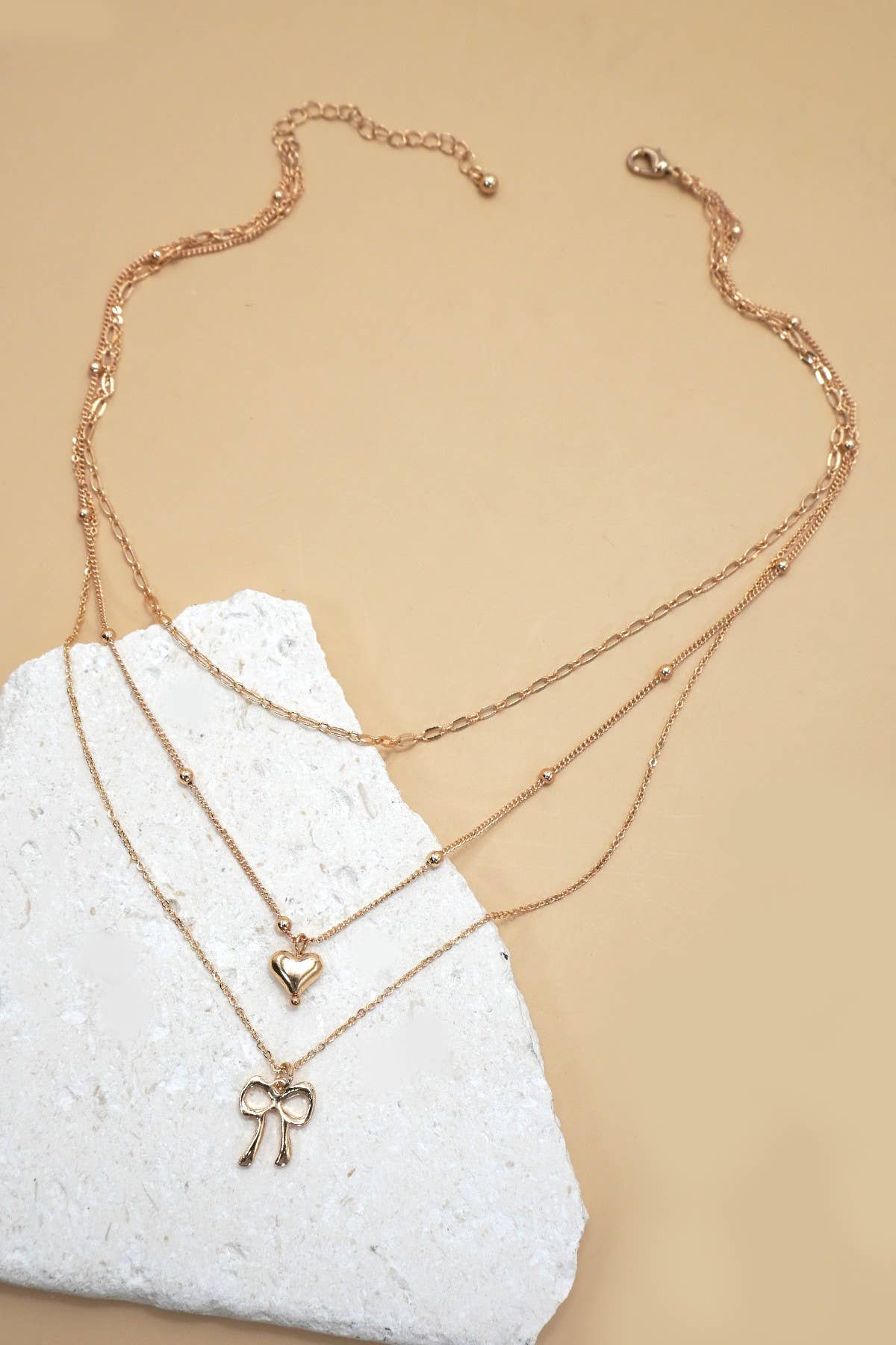 MULTI LAYER BOW HEART CHARM DROP NECKLACE |