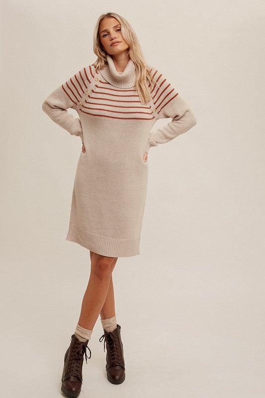 CREAM & BLACK TURTLE NECK STRIPE SWEATER DRESS