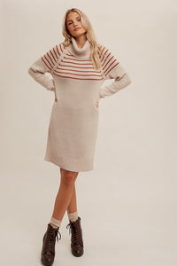 CREAM & BLACK TURTLE NECK STRIPE SWEATER DRESS