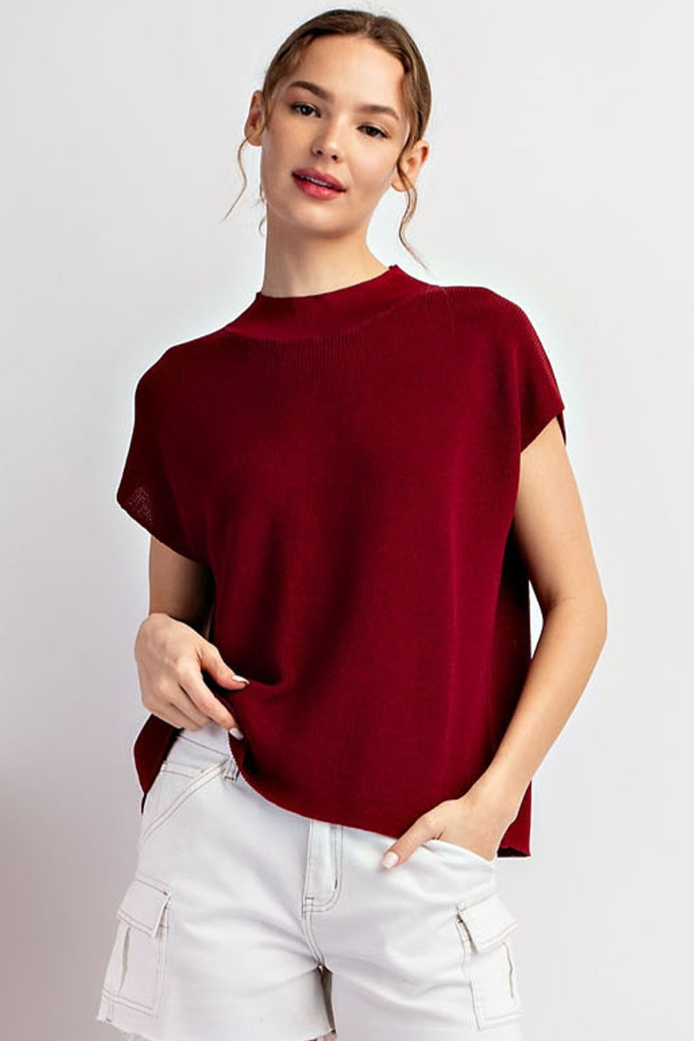 Merlot Solid Cap Sleeve Sweater Top