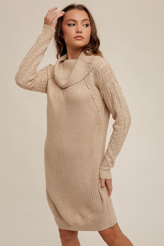 TAUPE JAQUARD MOCK NECK SWEATER DRESS