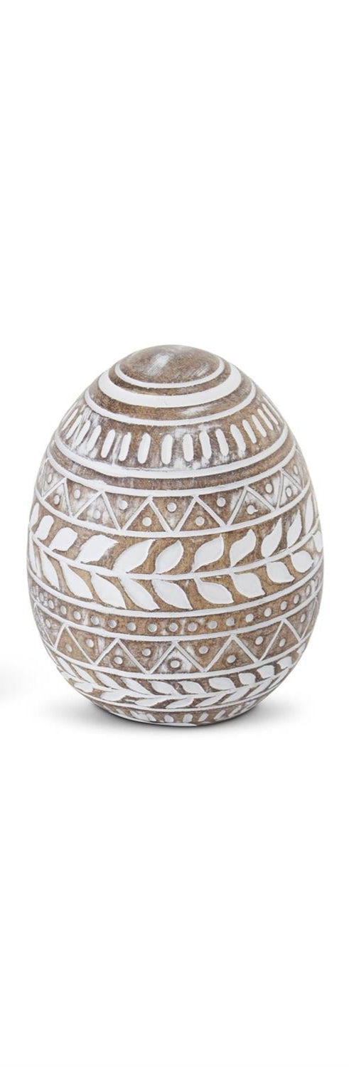 4 Inch Whitewashed Floral Carved Resin Egg