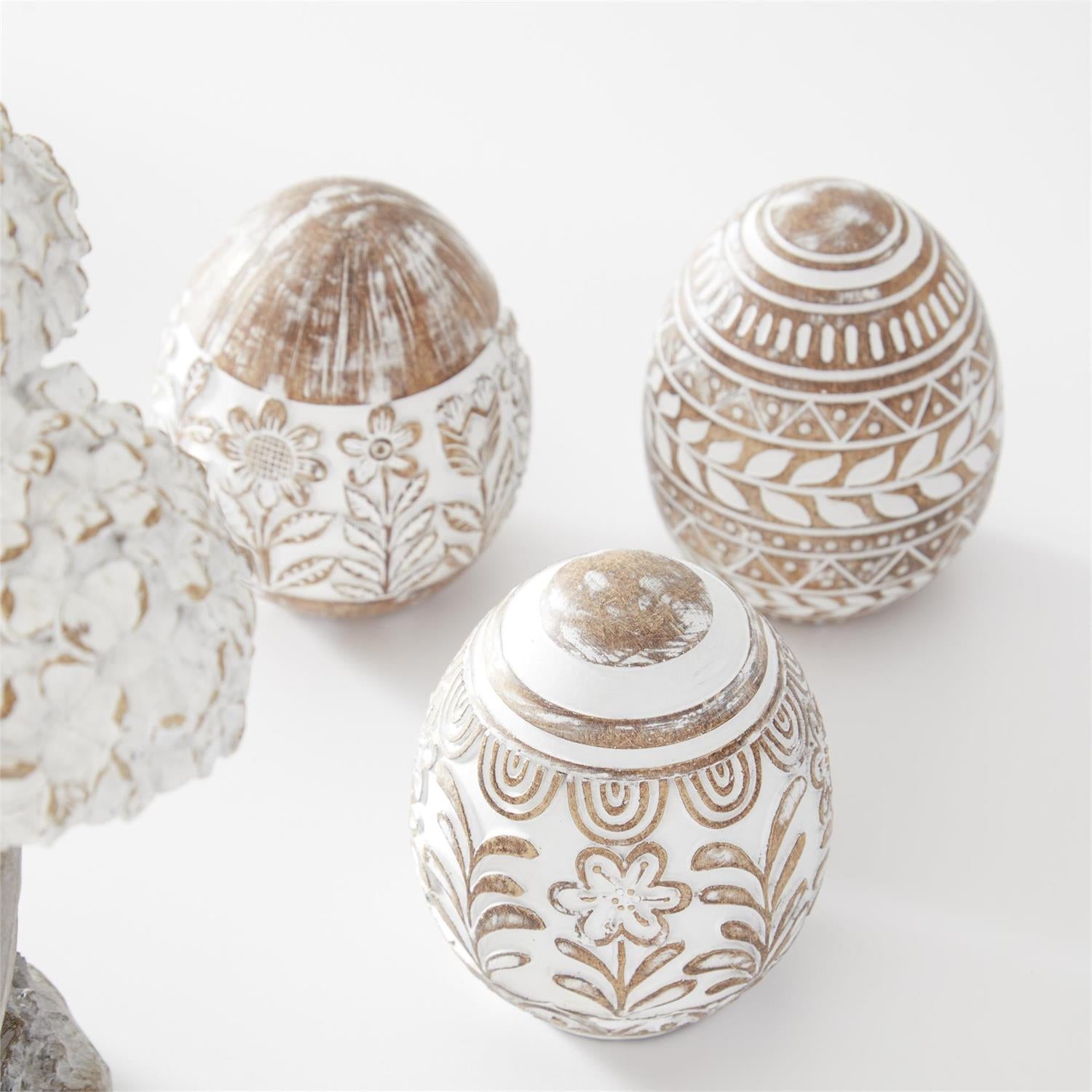 4 Inch Whitewashed Floral Carved Resin Egg