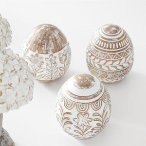4 Inch Whitewashed Floral Carved Resin Egg