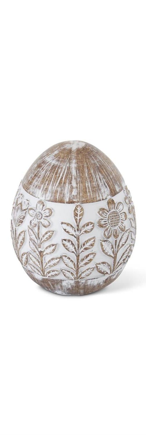 4 Inch Whitewashed Floral Carved Resin Egg