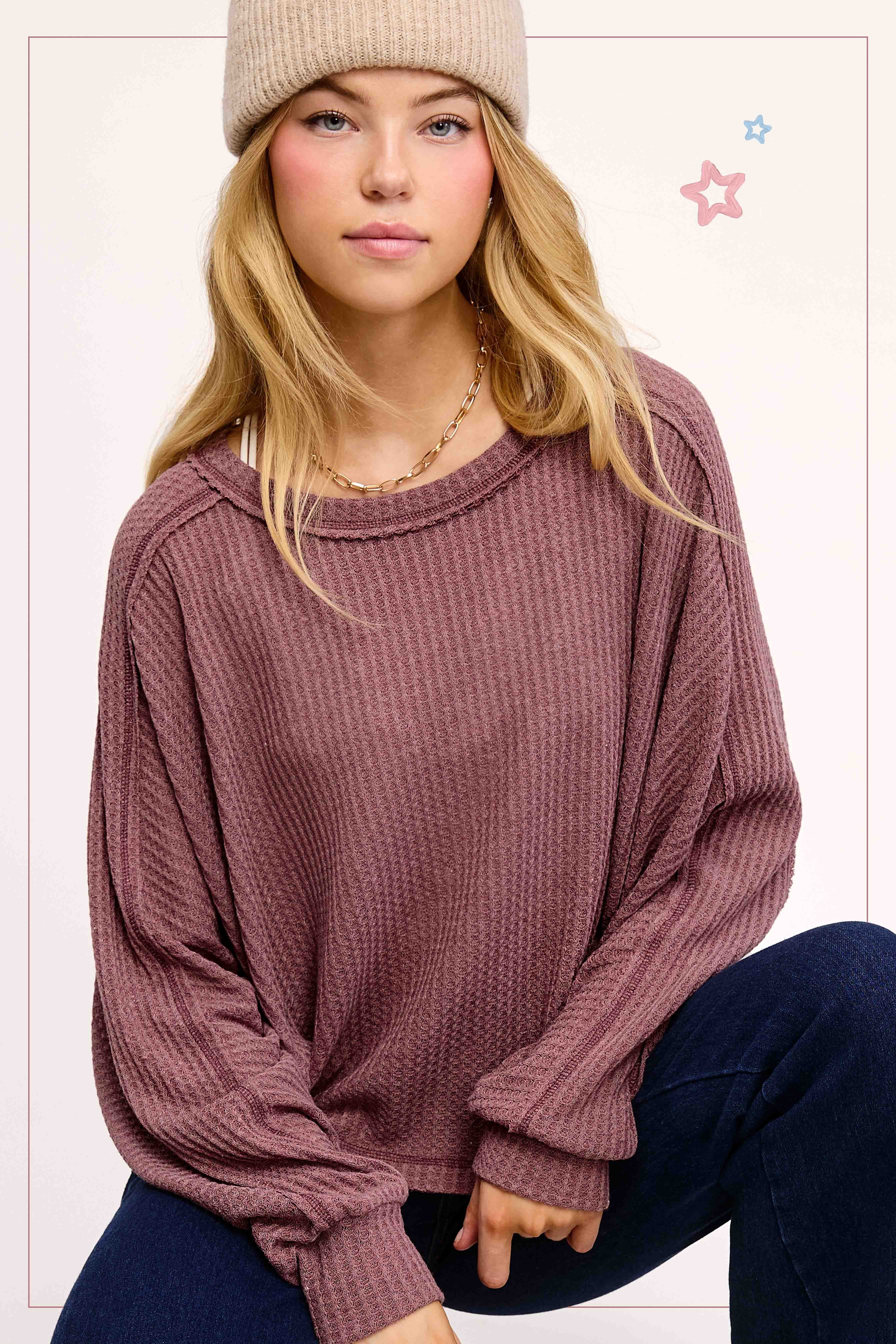 Berry Lightweight Waffle Textured Long Sleeve Top