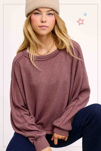 Berry Lightweight Waffle Textured Long Sleeve Top
