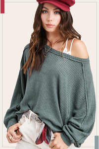 Teal Lightweight Waffle Textured Long Sleeve Top