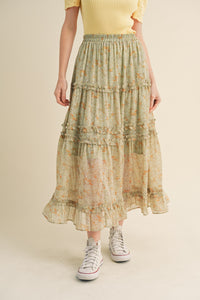 Sage Floral Ruffle Trim Midi Skirt