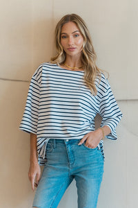 Plus Striped Round Neck Oversized Half Sleeve Top