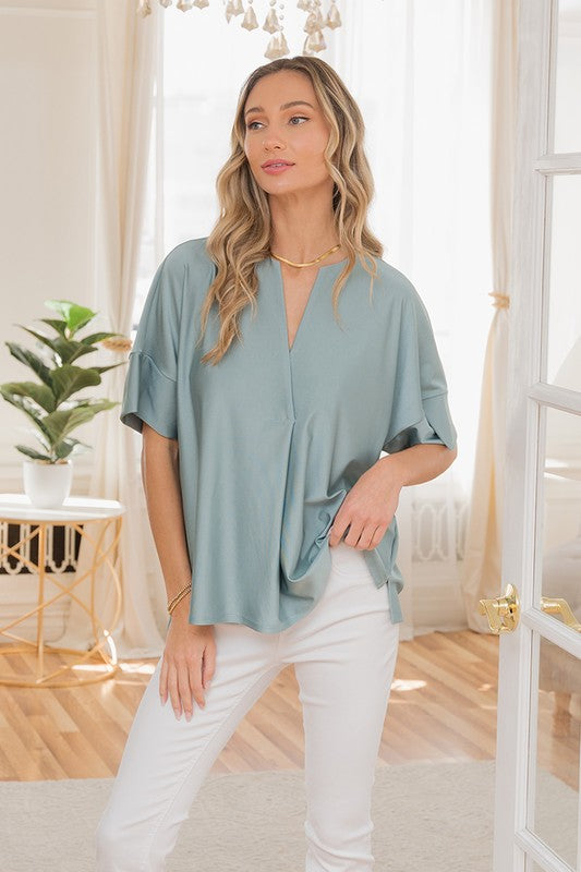 Plus V-Neck Front Pleated Short Sleeve Blouse