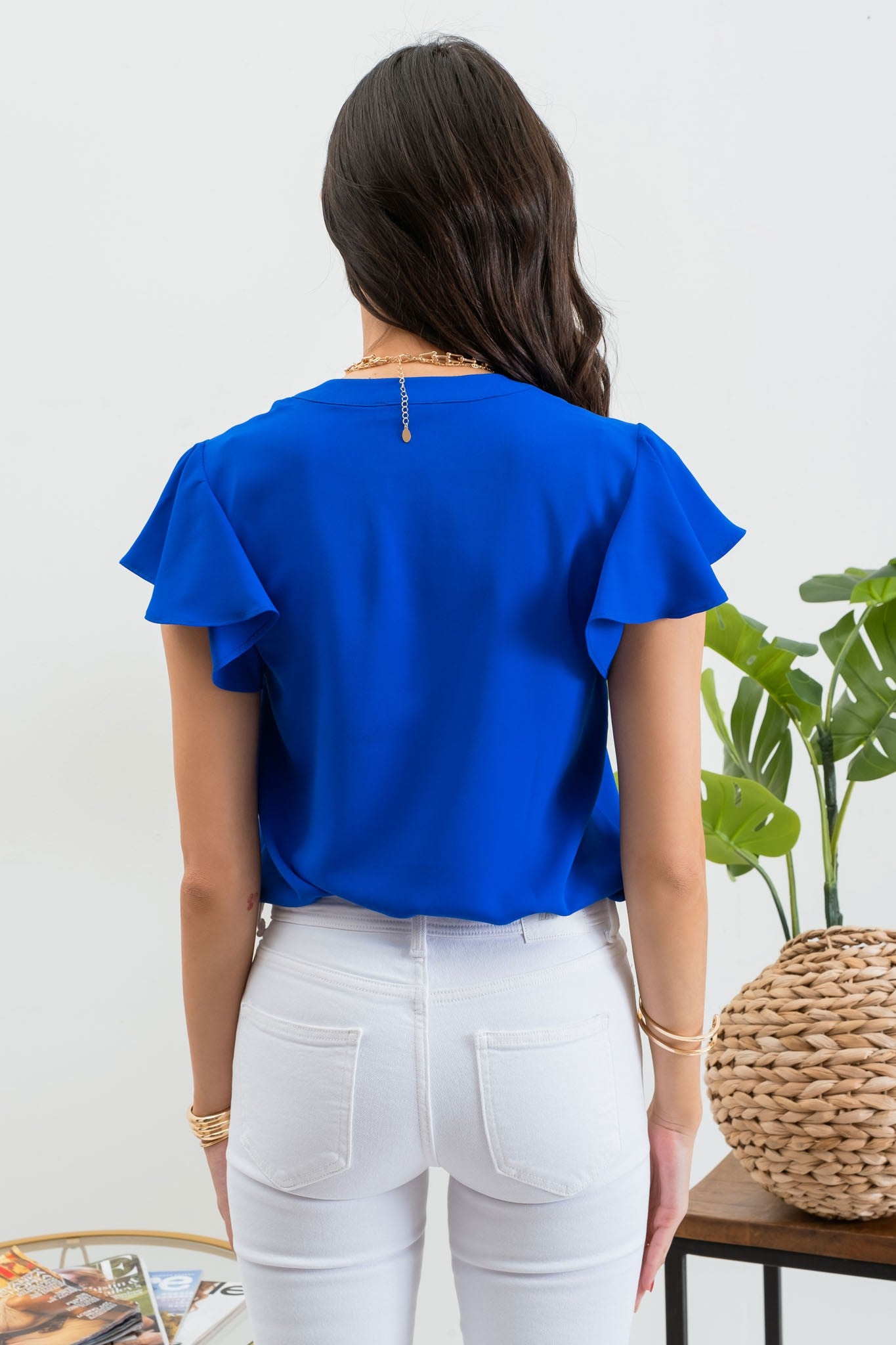 ROYAL BLUE SOLID FLUTTER SLEEVE WOVEN TOP