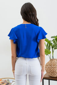 ROYAL BLUE SOLID FLUTTER SLEEVE WOVEN TOP