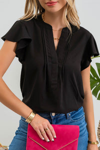 BLACK SOLID FLUTTER SLEEVE WOVEN TOP