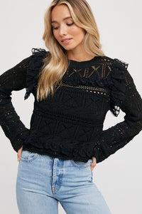 BLACK RUFFLE LACE OPEN KNIT TOP