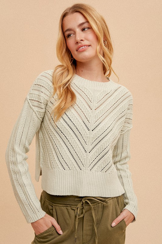 ROUNDNECK POINTELLE KNIT SWEATER