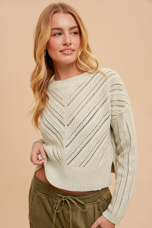 ROUNDNECK POINTELLE KNIT SWEATER