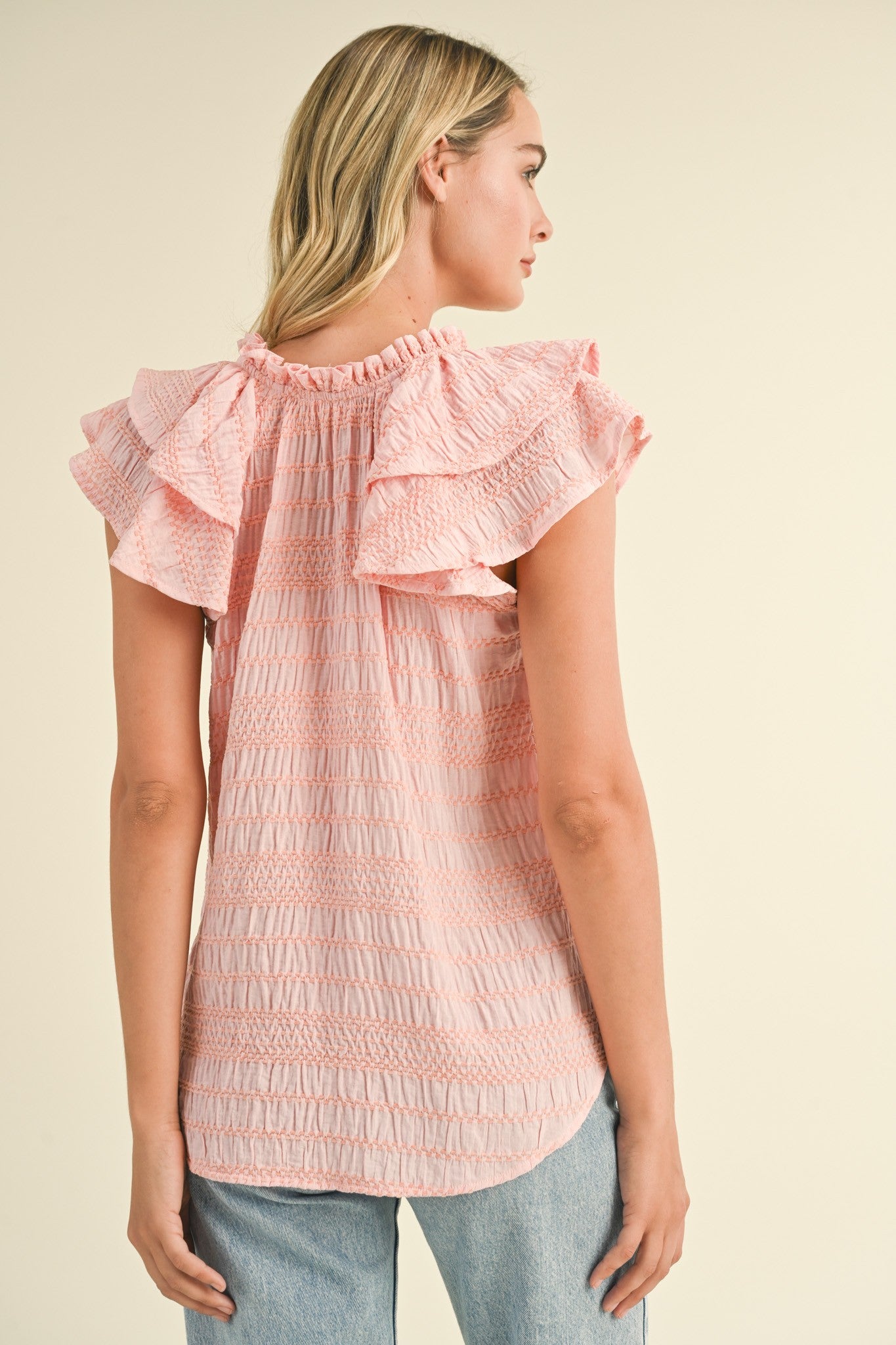 Pink Tie Front Ruffle Sleeve Top
